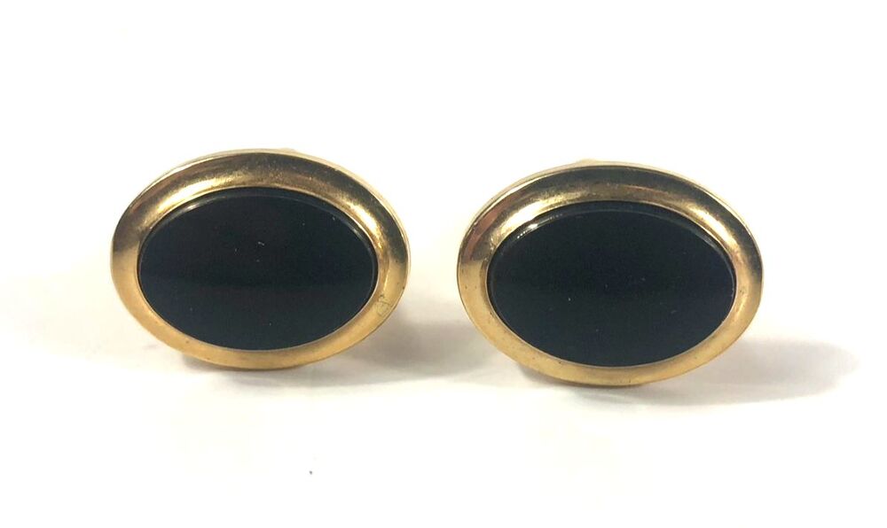 Vintage Oval Gold Tone Cufflinks Black Onyx/Glass Cabochon Classic Tuxedo